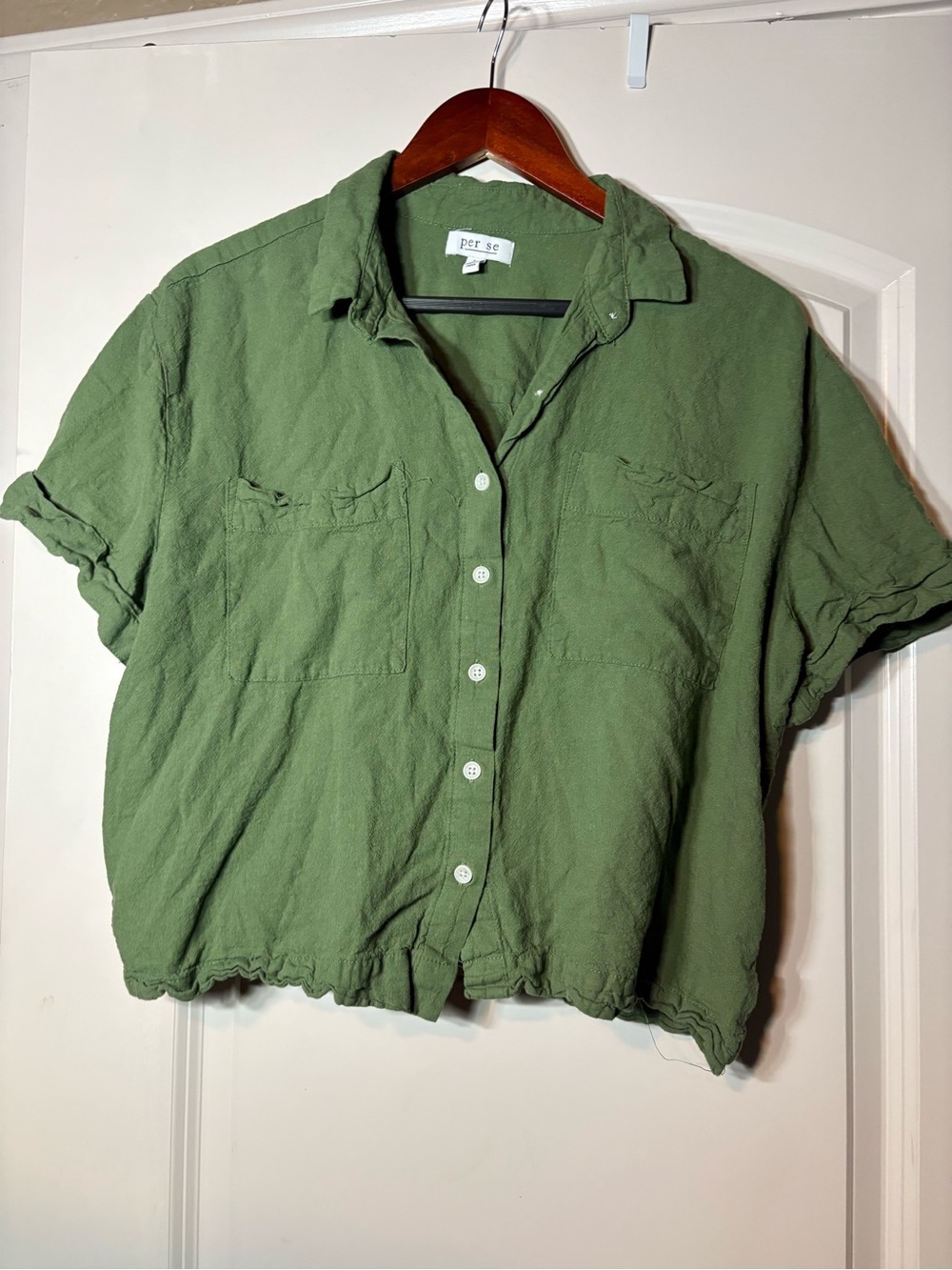 Per Se Olive Green Short-Sleeve Button-Front Shirt